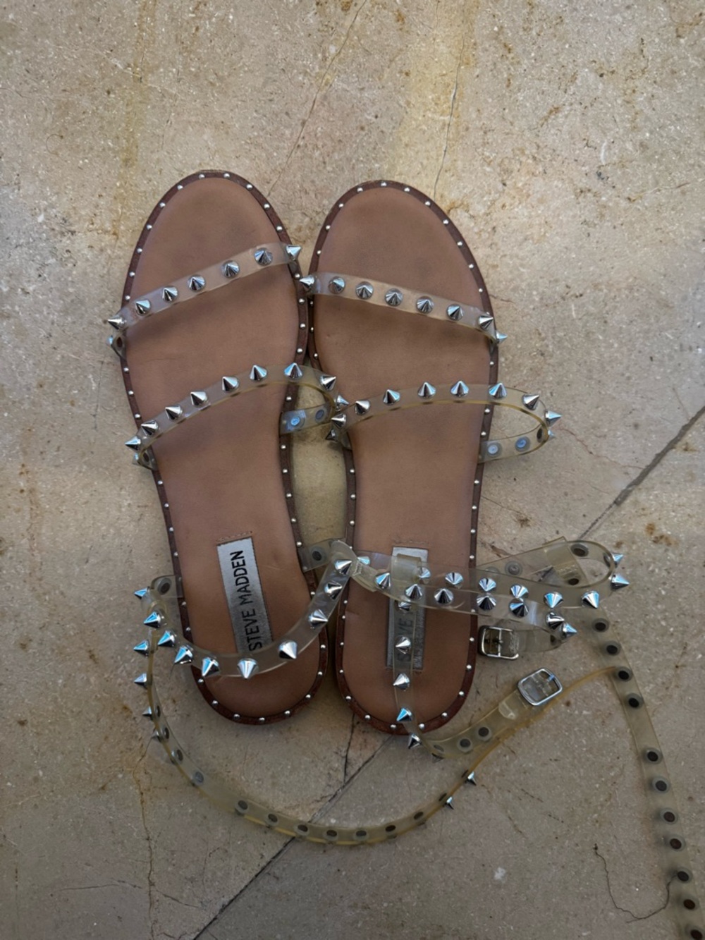 Steve Madden Tan Footbed Sandals with Clear Studded Straps - Steve Madden